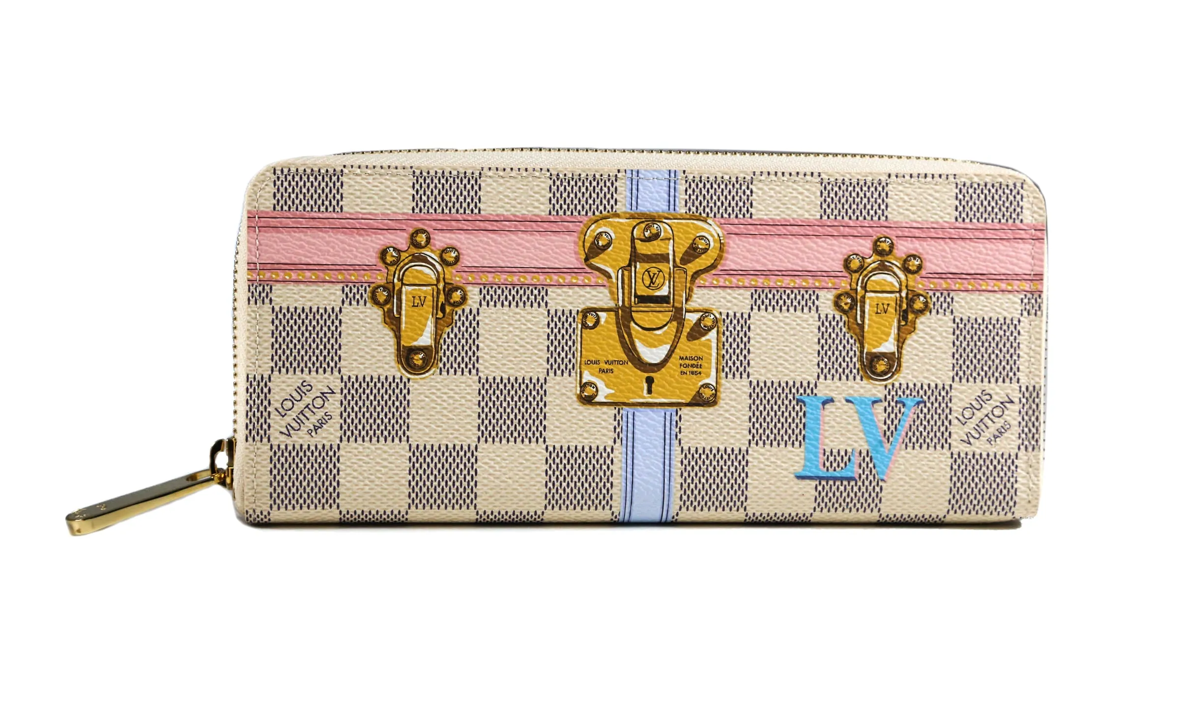 Limited Edition Louis Vuitton Clemence Damier Summer Trunks White Canvas Wallet