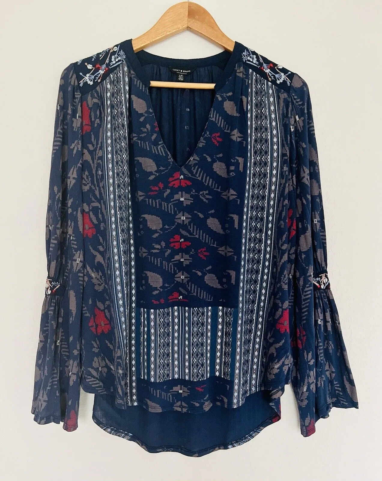 Lucky Brand Women's Large Bell Sleeve Blouse Boho Floral Striped Pullover Top