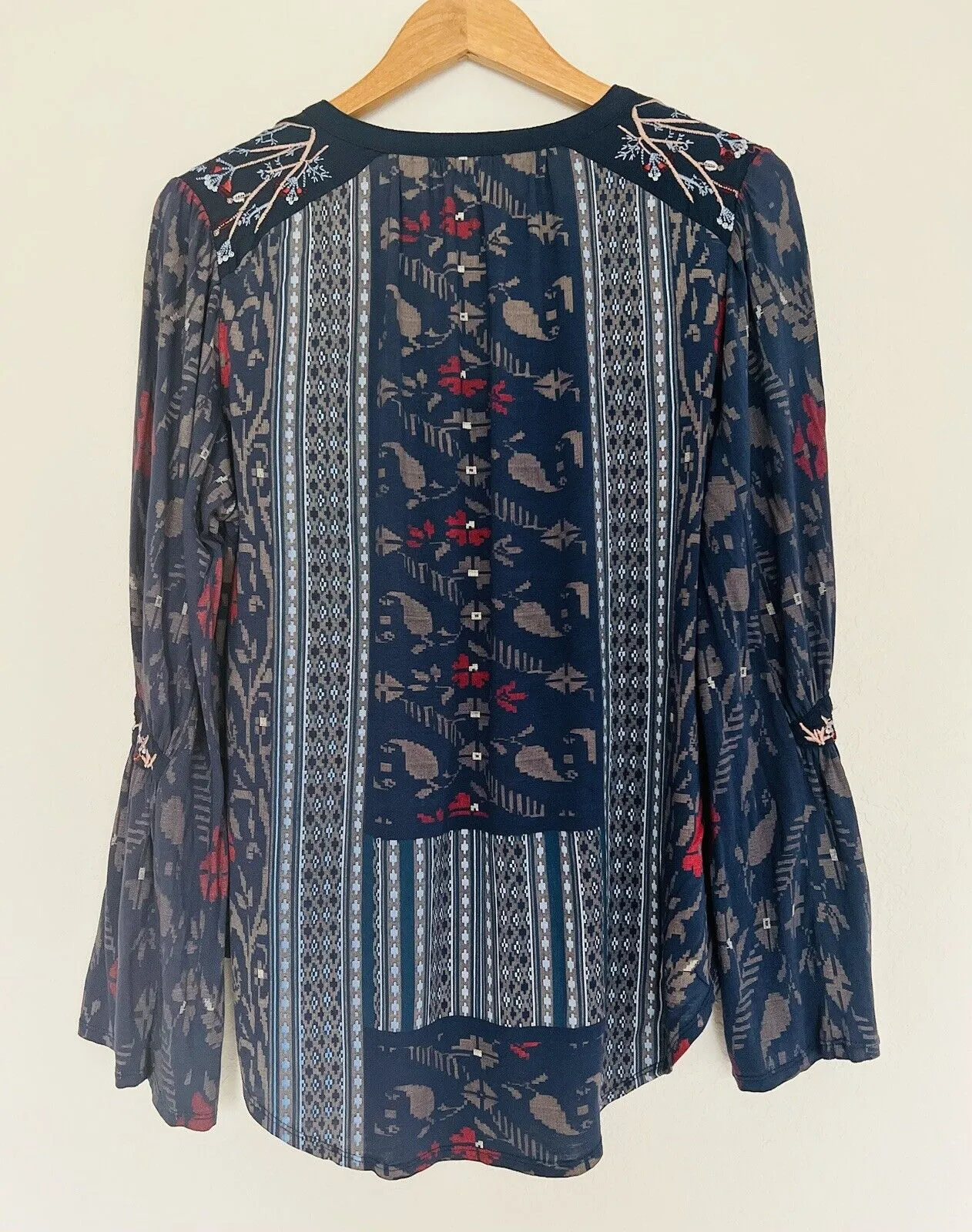 Lucky Brand Women's Large Bell Sleeve Blouse Boho Floral Striped Pullover Top