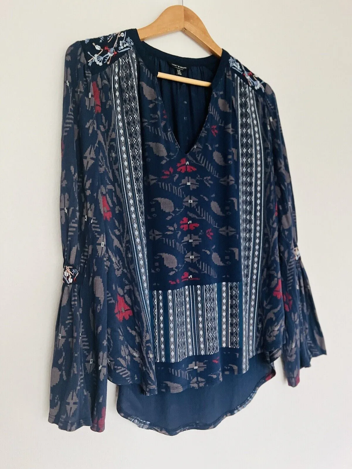 Lucky Brand Women's Large Bell Sleeve Blouse Boho Floral Striped Pullover Top