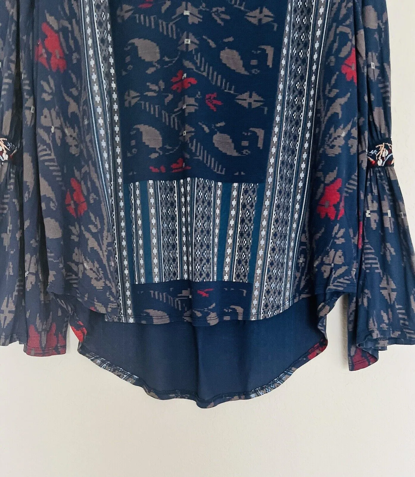 Lucky Brand Women's Large Bell Sleeve Blouse Boho Floral Striped Pullover Top