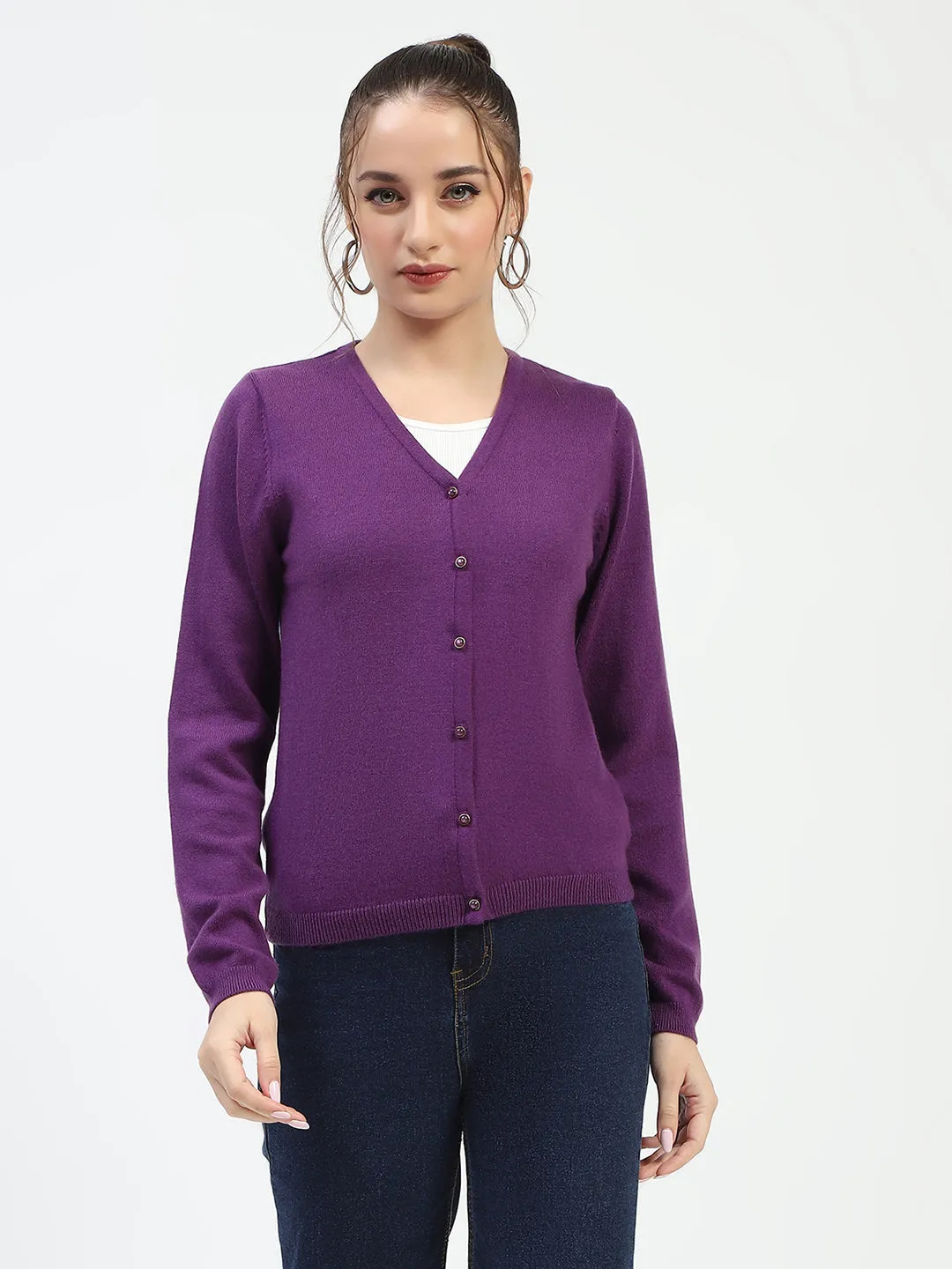 Madame V-Neckline Button-Up Plum Cardigan