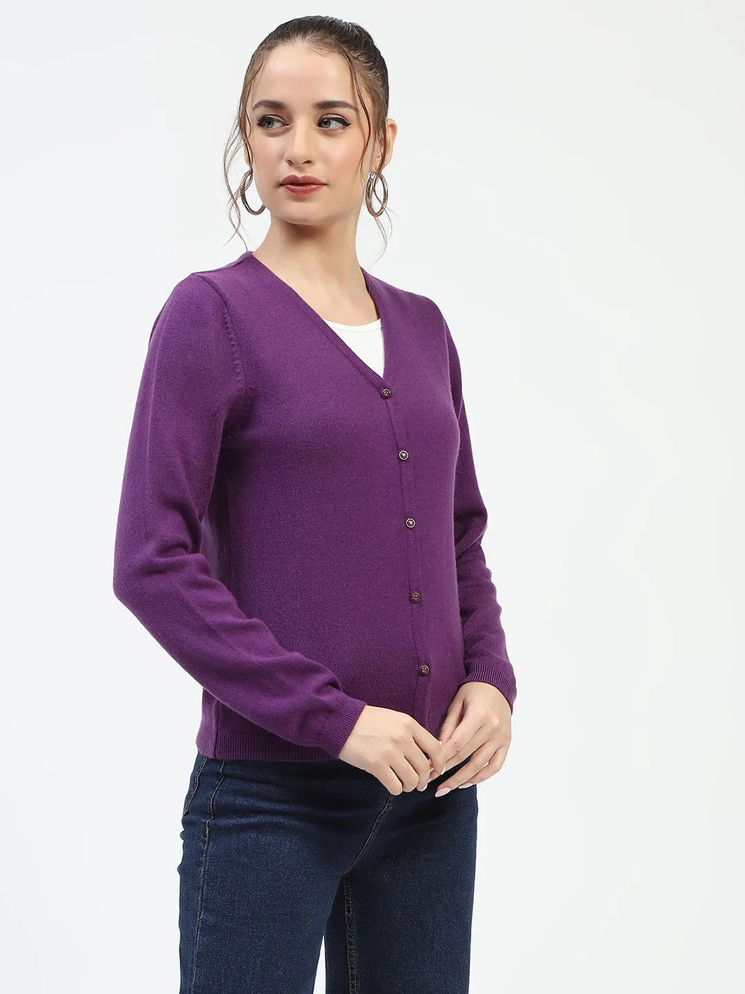Madame V-Neckline Button-Up Plum Cardigan