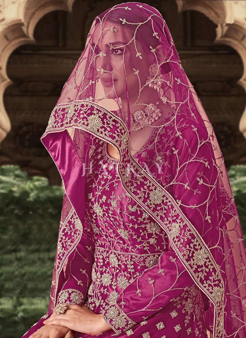 Magenta Embroidered Net Anarkali Suit
