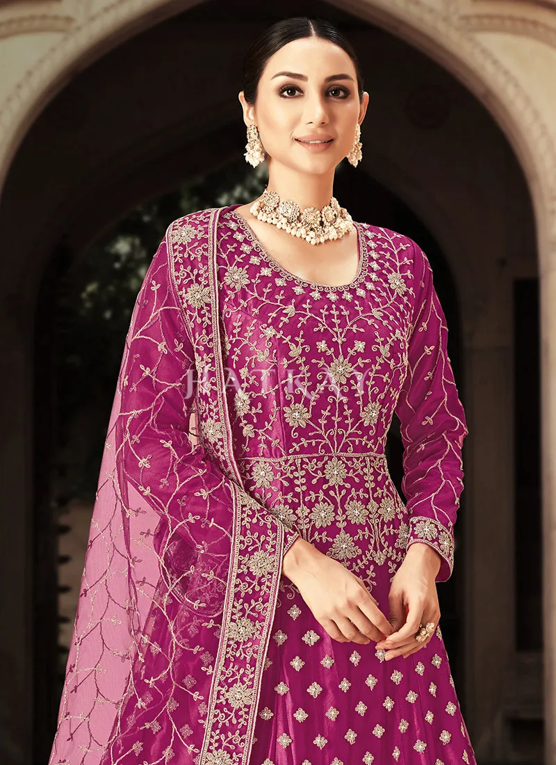 Magenta Embroidered Net Anarkali Suit
