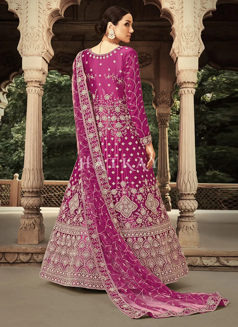 Magenta Embroidered Net Anarkali Suit