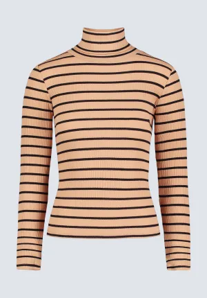 Mavra Women's Striped Ribbed Turtleneck Top, Beige - KT0161F