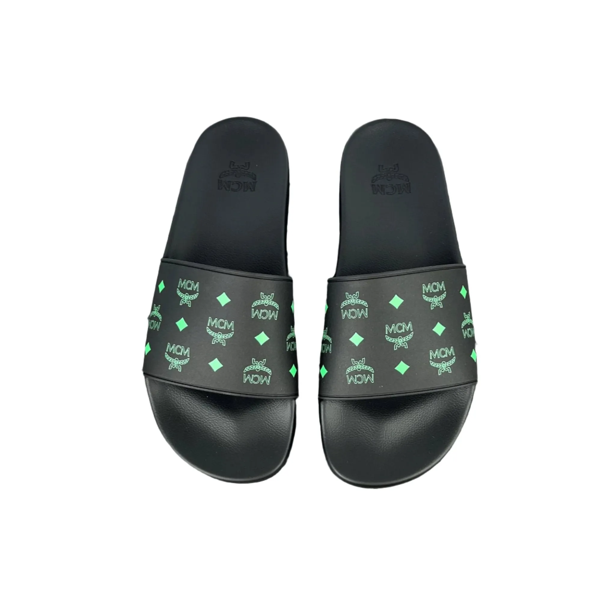 MCM Men's Black/Green Monogram Print Rubber Slides