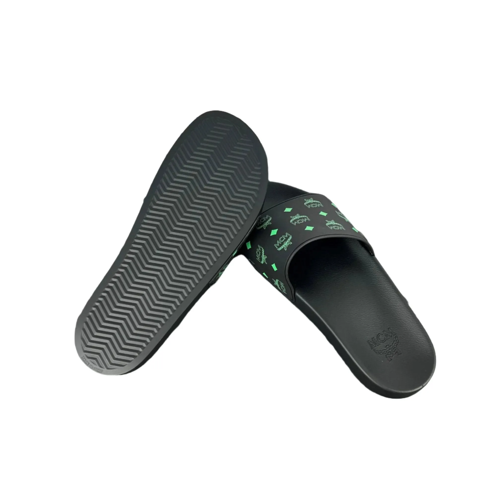 MCM Men's Black/Green Monogram Print Rubber Slides