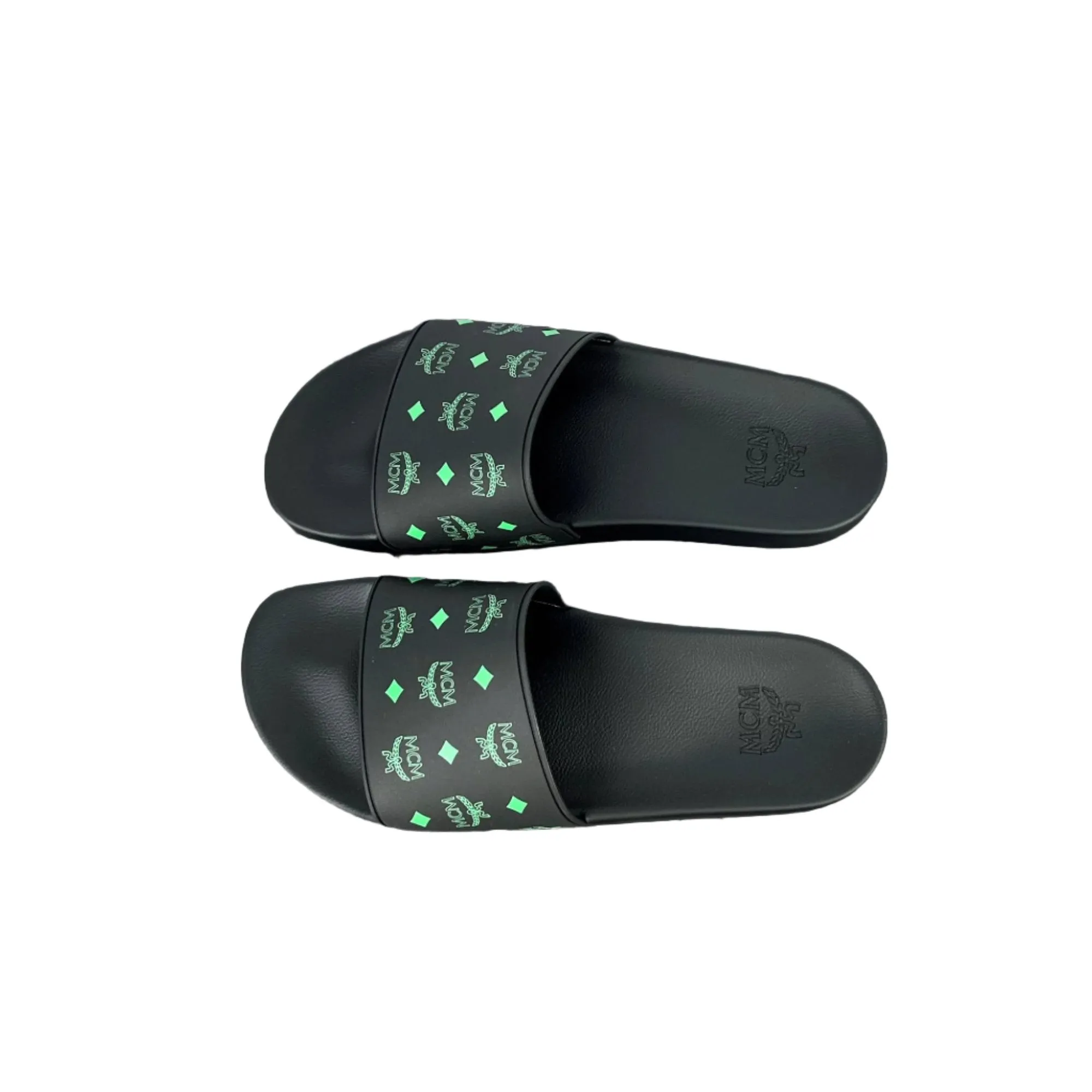 MCM Men's Black/Green Monogram Print Rubber Slides
