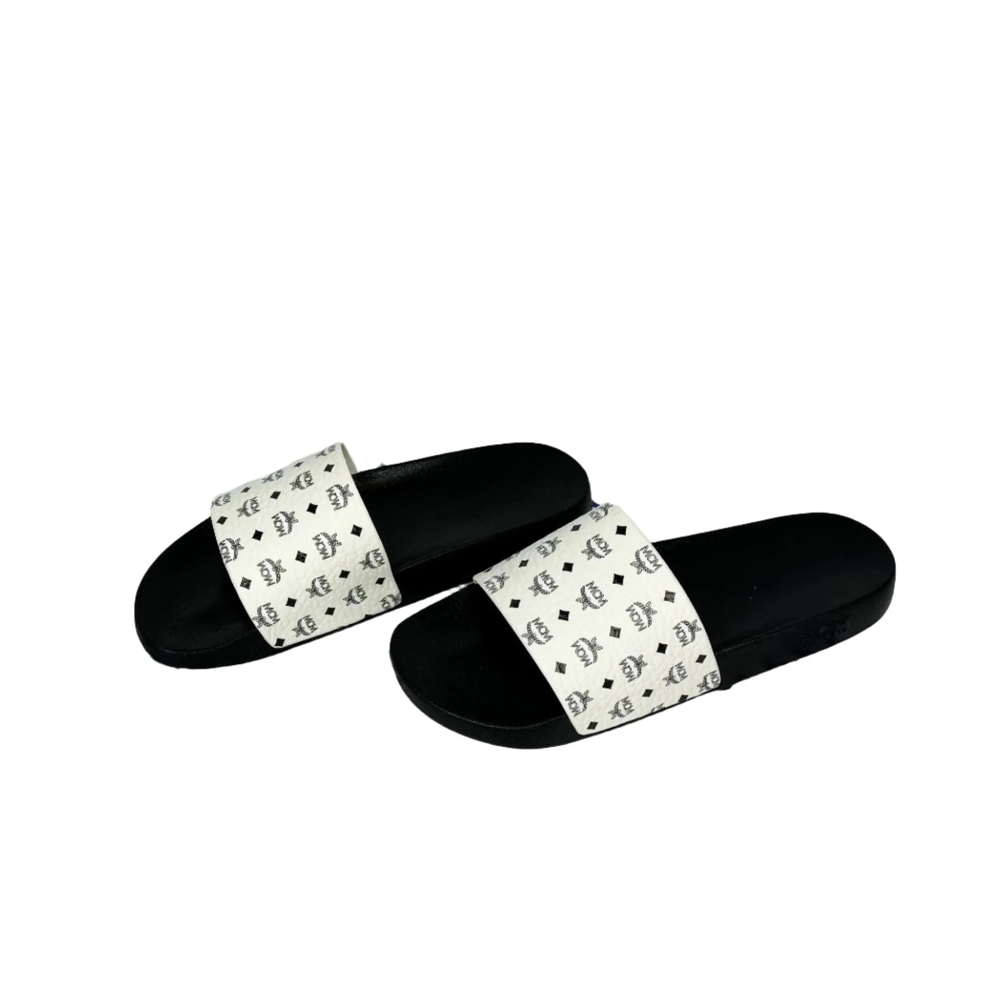 MCM Mens White/Black Monogram Print Rubber Slides