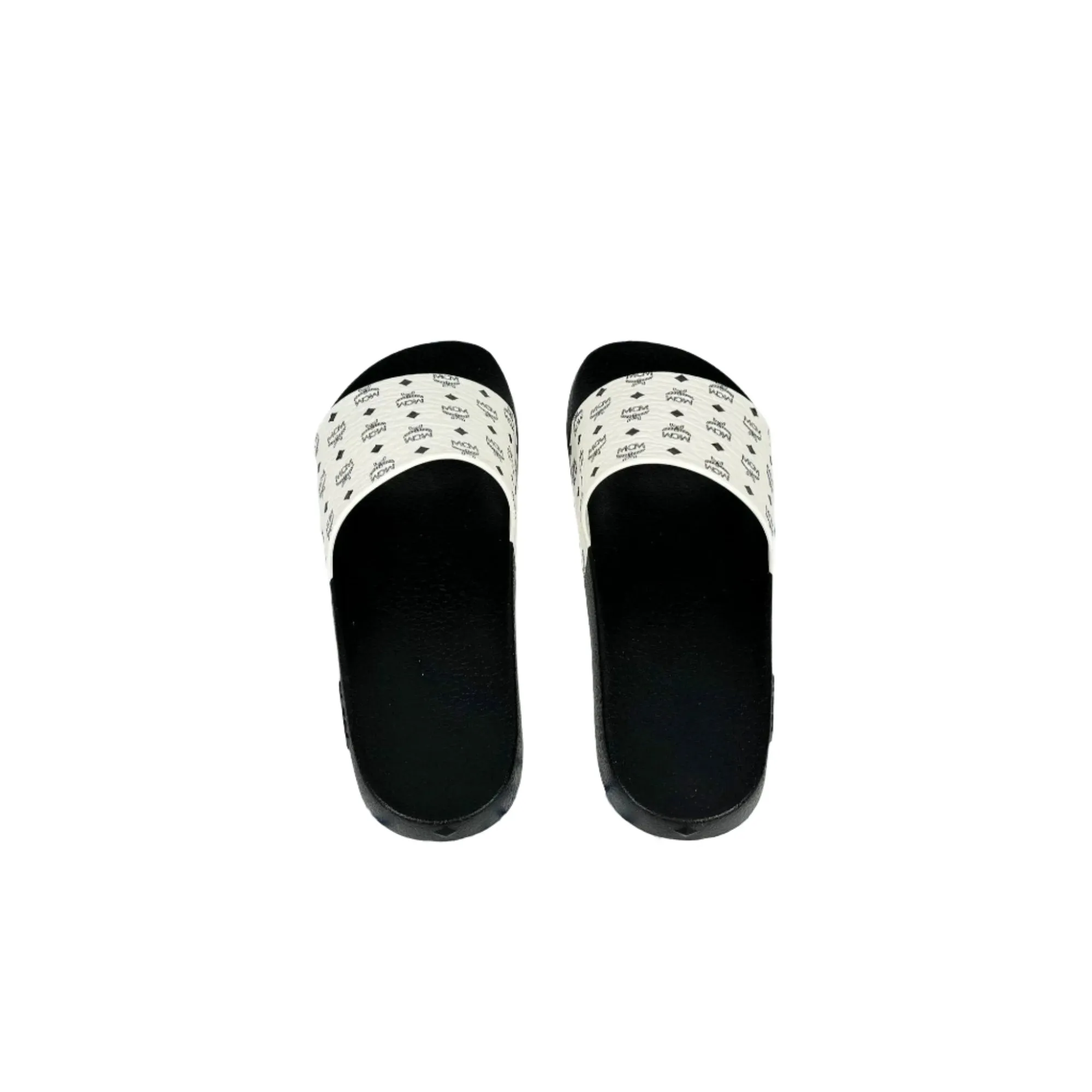 MCM Mens White/Black Monogram Print Rubber Slides