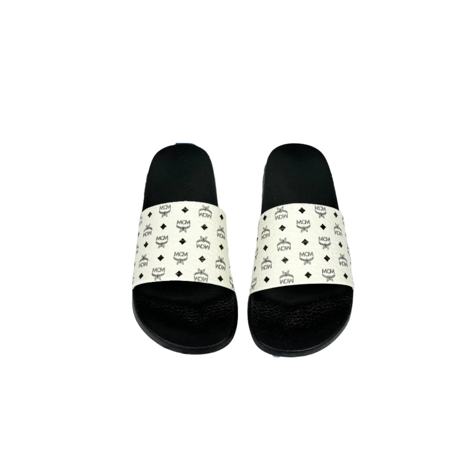 MCM Mens White/Black Monogram Print Rubber Slides