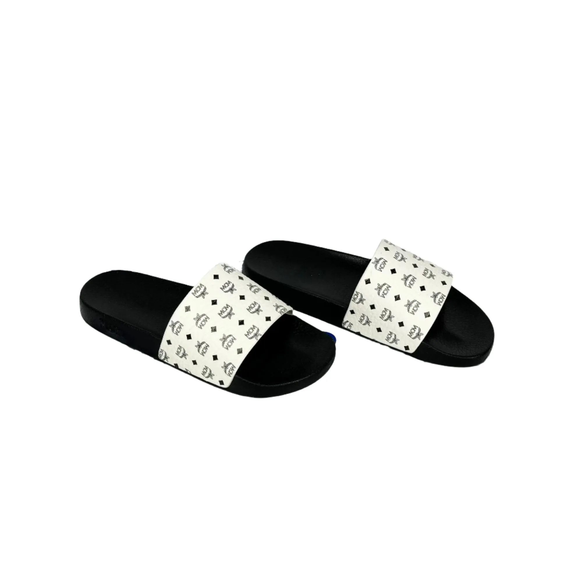 MCM Mens White/Black Monogram Print Rubber Slides