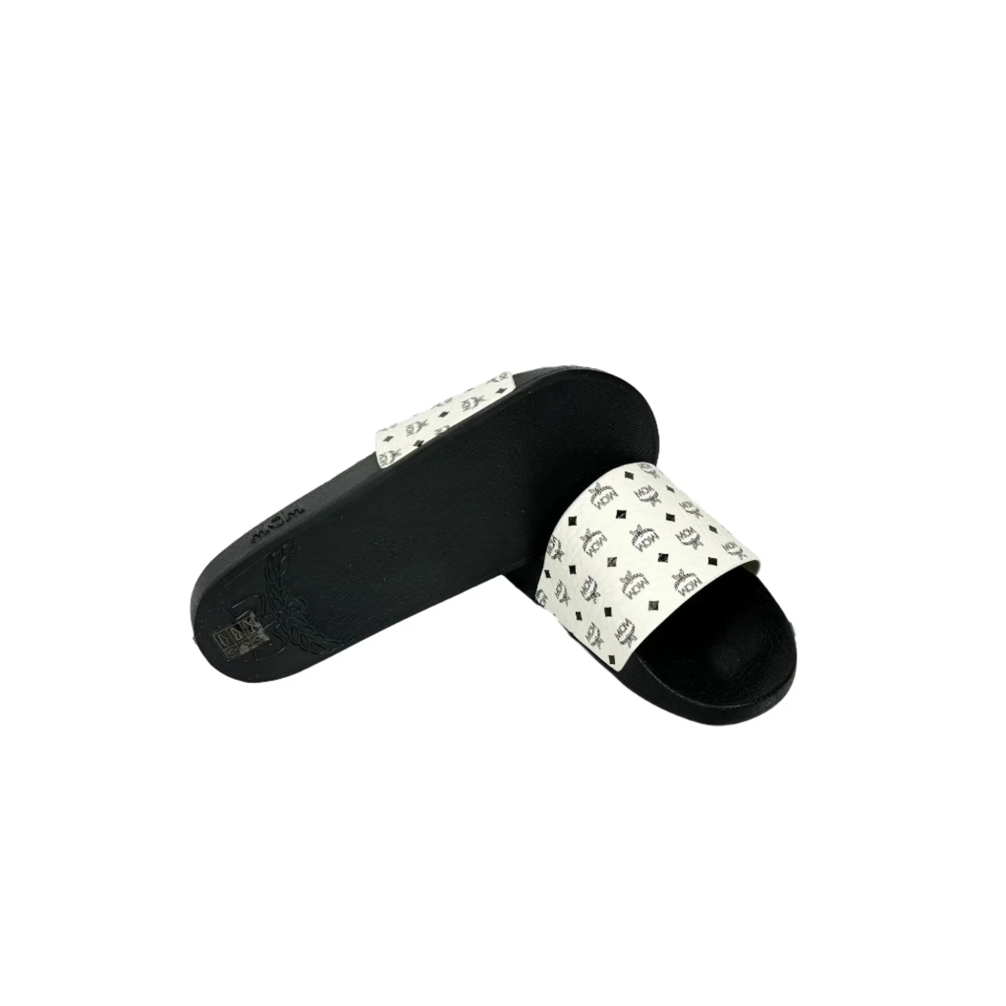 MCM Mens White/Black Monogram Print Rubber Slides
