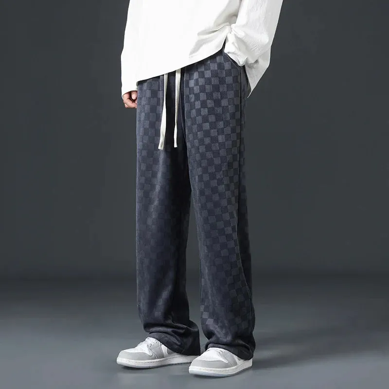 Men's Designer Plaid Corduroy Track Pants - Baggy Fit Wide Leg Joggers for Casual Comfort