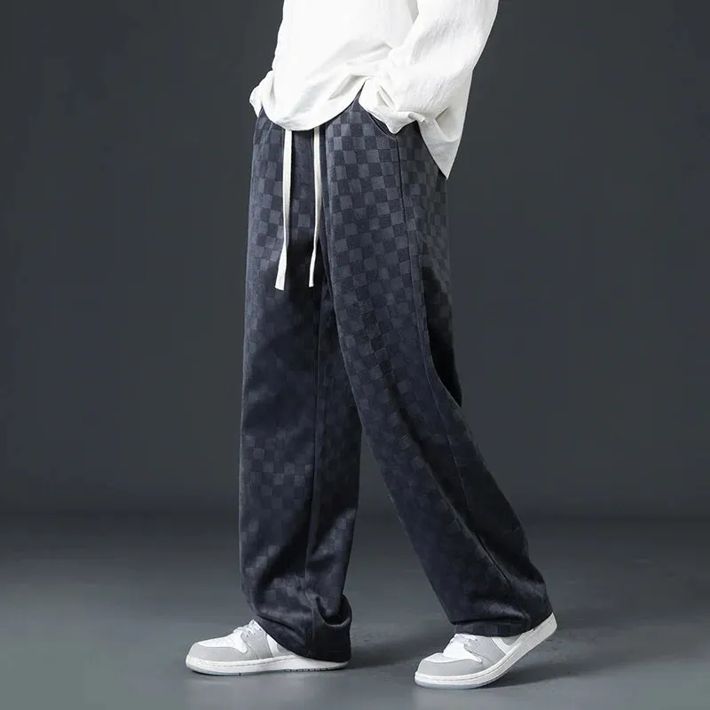 Men's Designer Plaid Corduroy Track Pants - Baggy Fit Wide Leg Joggers for Casual Comfort