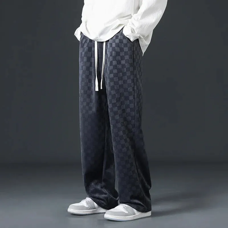 Men's Designer Plaid Corduroy Track Pants - Baggy Fit Wide Leg Joggers for Casual Comfort