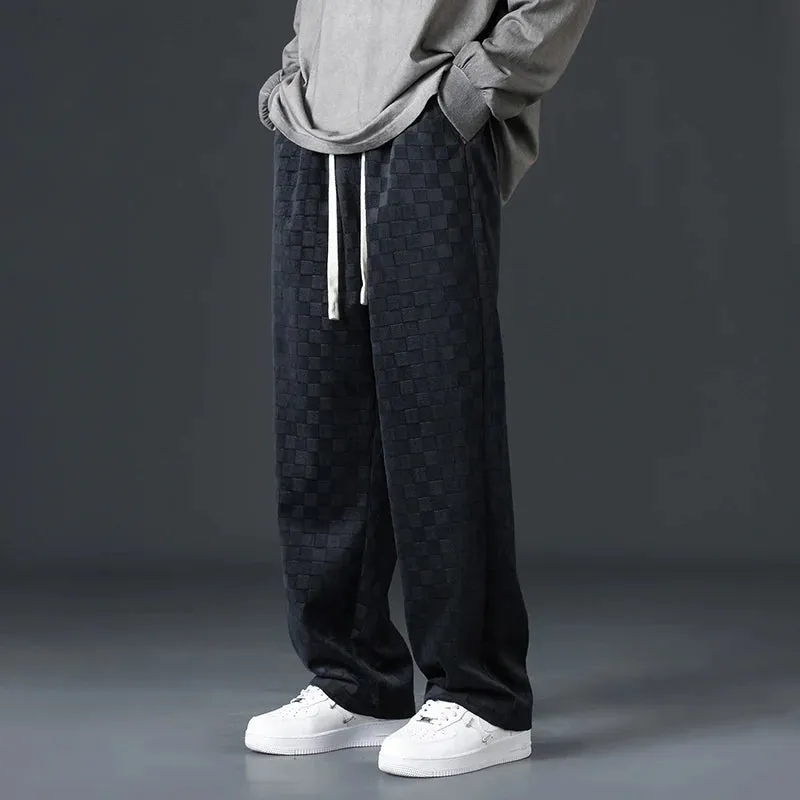 Men's Designer Plaid Corduroy Track Pants - Baggy Fit Wide Leg Joggers for Casual Comfort