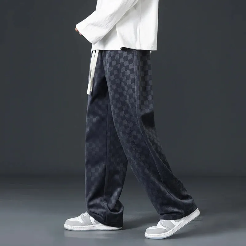 Men's Designer Plaid Corduroy Track Pants - Baggy Fit Wide Leg Joggers for Casual Comfort