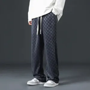 Men's Designer Plaid Corduroy Track Pants - Baggy Fit Wide Leg Joggers for Casual Comfort