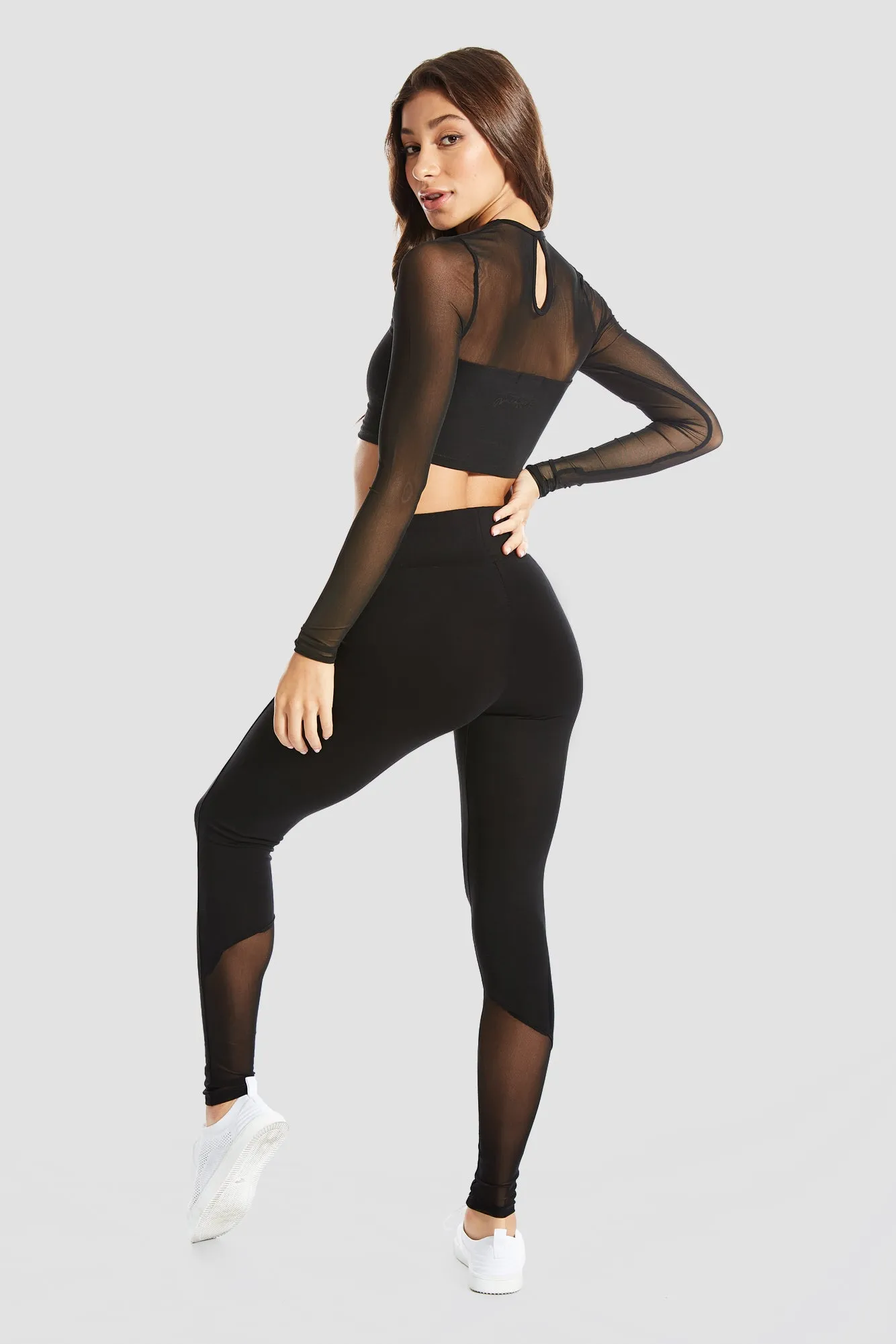 Mesh Panel Long Sleeve Crop Top