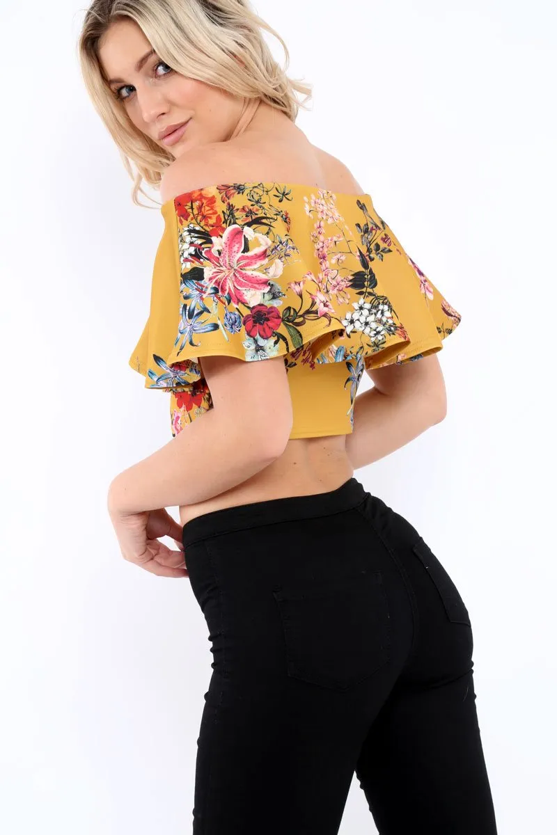 Mustard Floral Bardot Crop Top - Justine