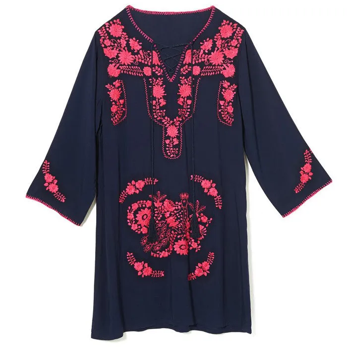 Navy & Fuchsia Rayon Mexican Embroidered Tunic Dress