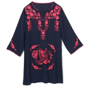 Navy & Fuchsia Rayon Mexican Embroidered Tunic Dress