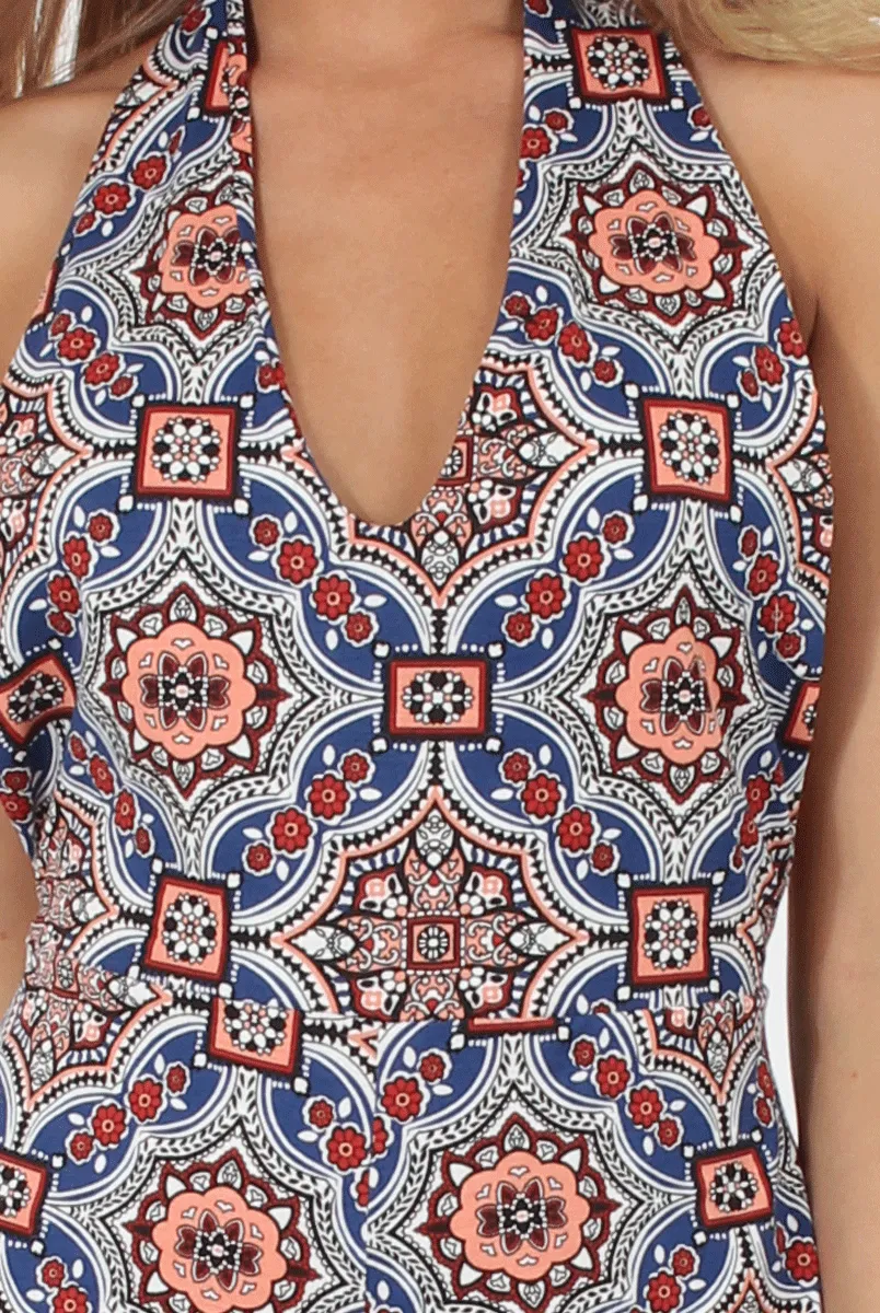 Navy and Peach Tile Print Halterneck Playsuit - Kimmy