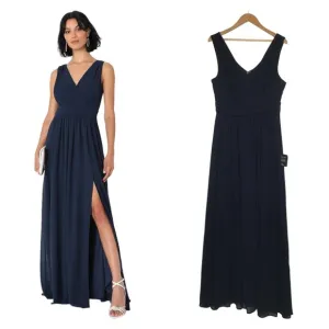 New Lulus Womens L Thoughts of Hue Surplice Maxi Formal Bridesmaid Dress Blue