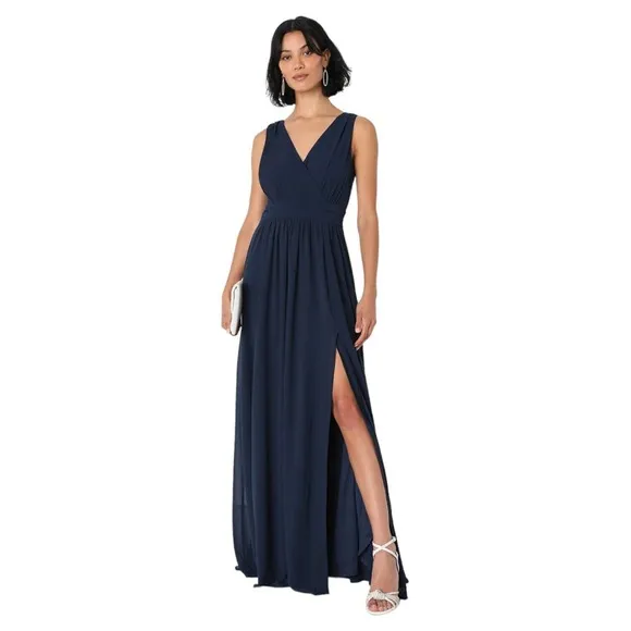 New Lulus Womens L Thoughts of Hue Surplice Maxi Formal Bridesmaid Dress Blue