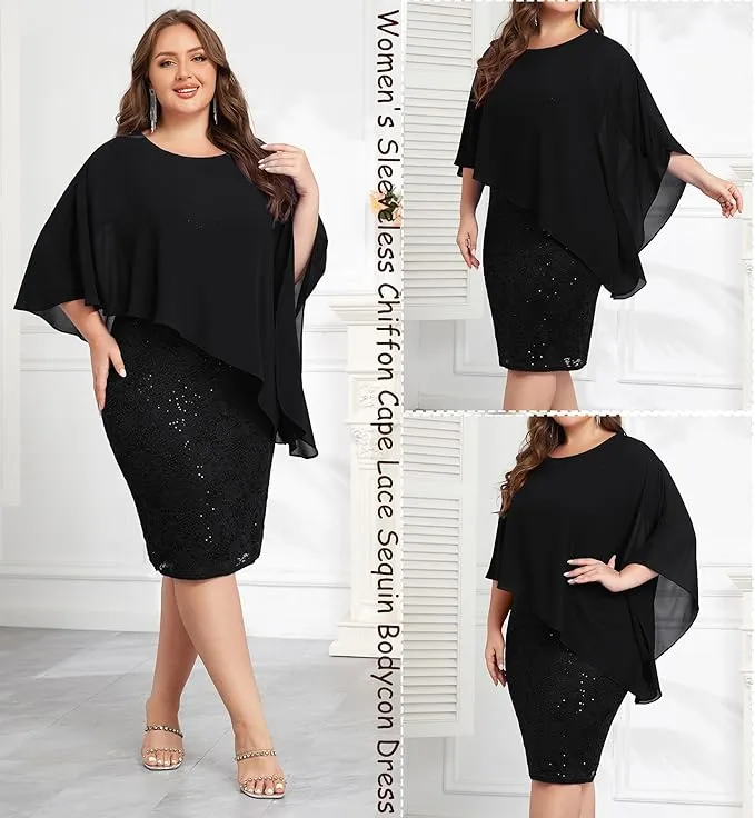 NEW Retails $80  Hanna Nikole Black Lace Hanna Nikole Women's Plus Size Sleeveless Cape Dress with Chiffon Overlay Bodycon Pencil Dress Sz 20W