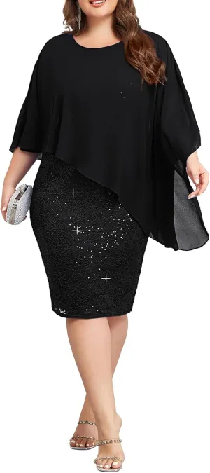 NEW Retails $80  Hanna Nikole Black Lace Hanna Nikole Women's Plus Size Sleeveless Cape Dress with Chiffon Overlay Bodycon Pencil Dress Sz 20W