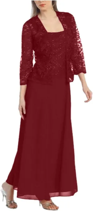 NEW Women's Lace Mother of The Bride Dresses with Jacket 3/4 Sleeve Chiffon Long Formal Dresses Evening Gowns, Burgundy, Sz L
