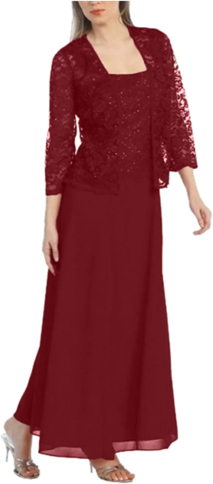 NEW Women's Lace Mother of The Bride Dresses with Jacket 3/4 Sleeve Chiffon Long Formal Dresses Evening Gowns, Burgundy, Sz L