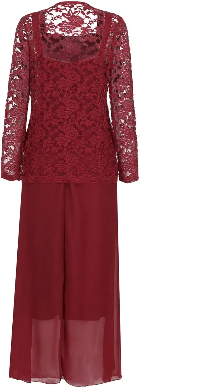 NEW Women's Lace Mother of The Bride Dresses with Jacket 3/4 Sleeve Chiffon Long Formal Dresses Evening Gowns, Burgundy, Sz L