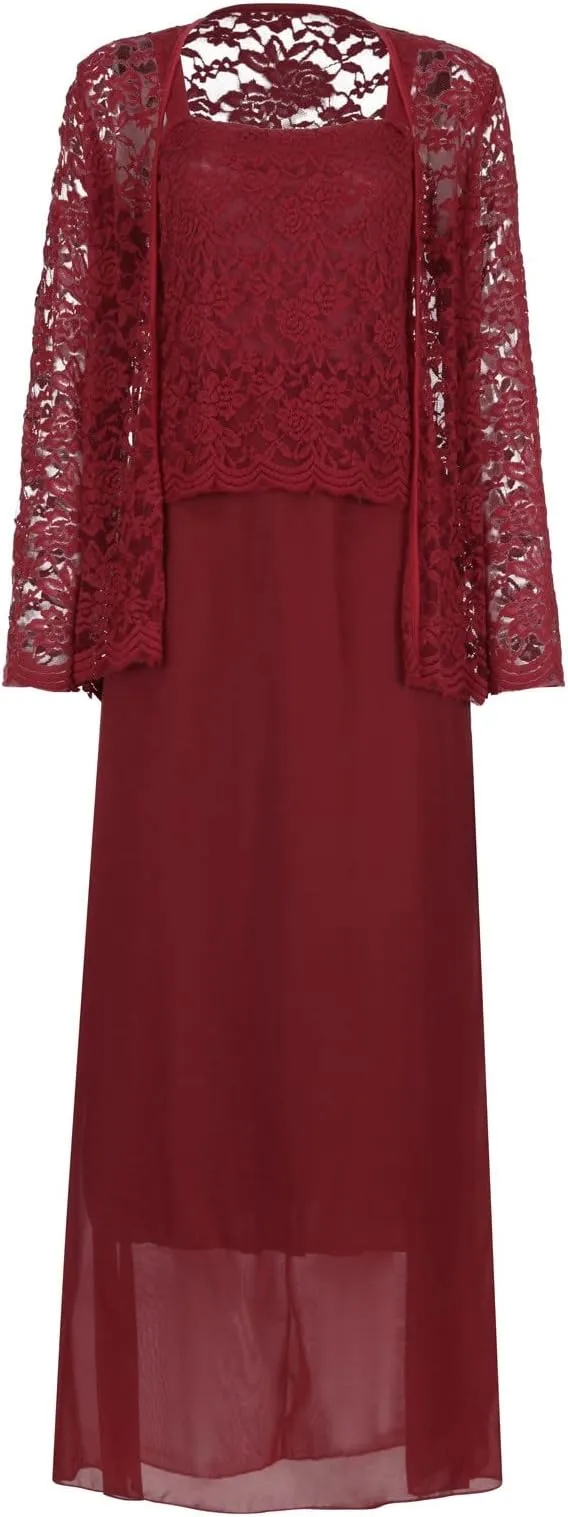 NEW Women's Lace Mother of The Bride Dresses with Jacket 3/4 Sleeve Chiffon Long Formal Dresses Evening Gowns, Burgundy, Sz L