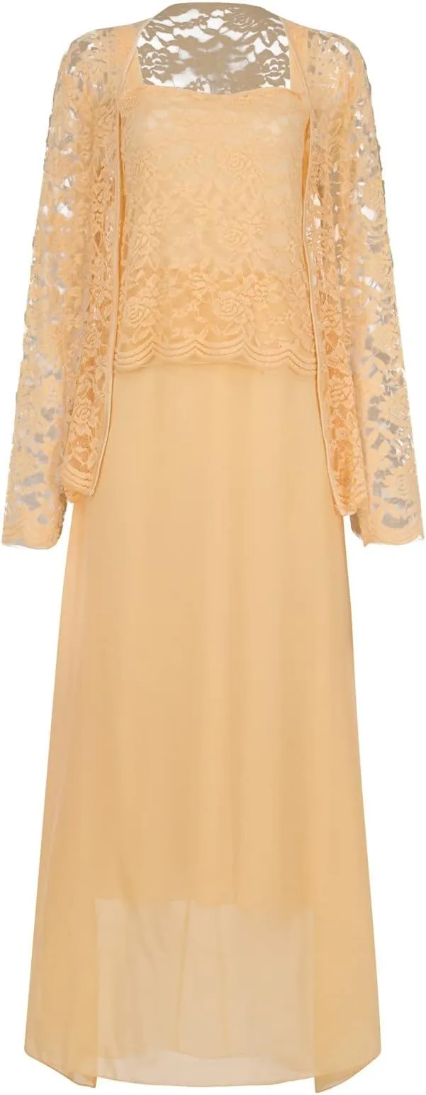 NEW Women's Lace Mother of The Bride Dresses with Jacket 3/4 Sleeve Chiffon Long Formal Dresses Evening Gowns, Peach, Sz L