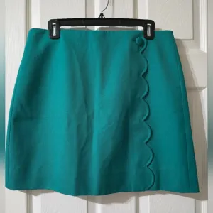 NWT J. Crew Wool &amp; Cotton Blend Faux Wrap Mini Skirt in Green, Scalloped Detail.
