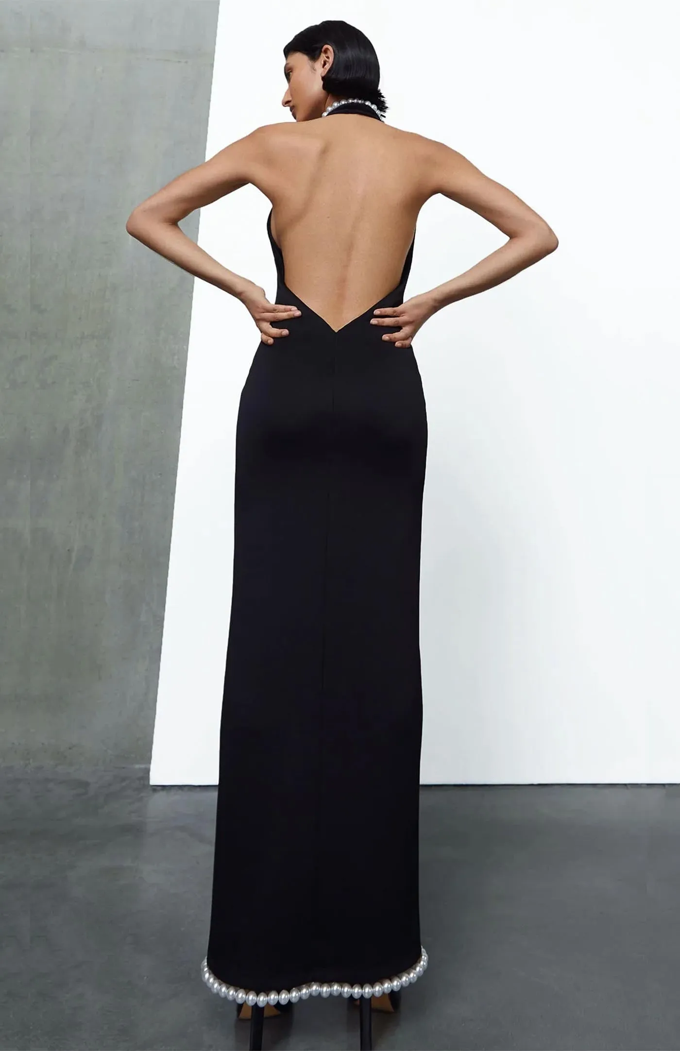Onyx Swarovski Slit Gown | Black Gown Swarovski detailing