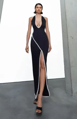 Onyx Swarovski Slit Gown | Black Gown Swarovski detailing
