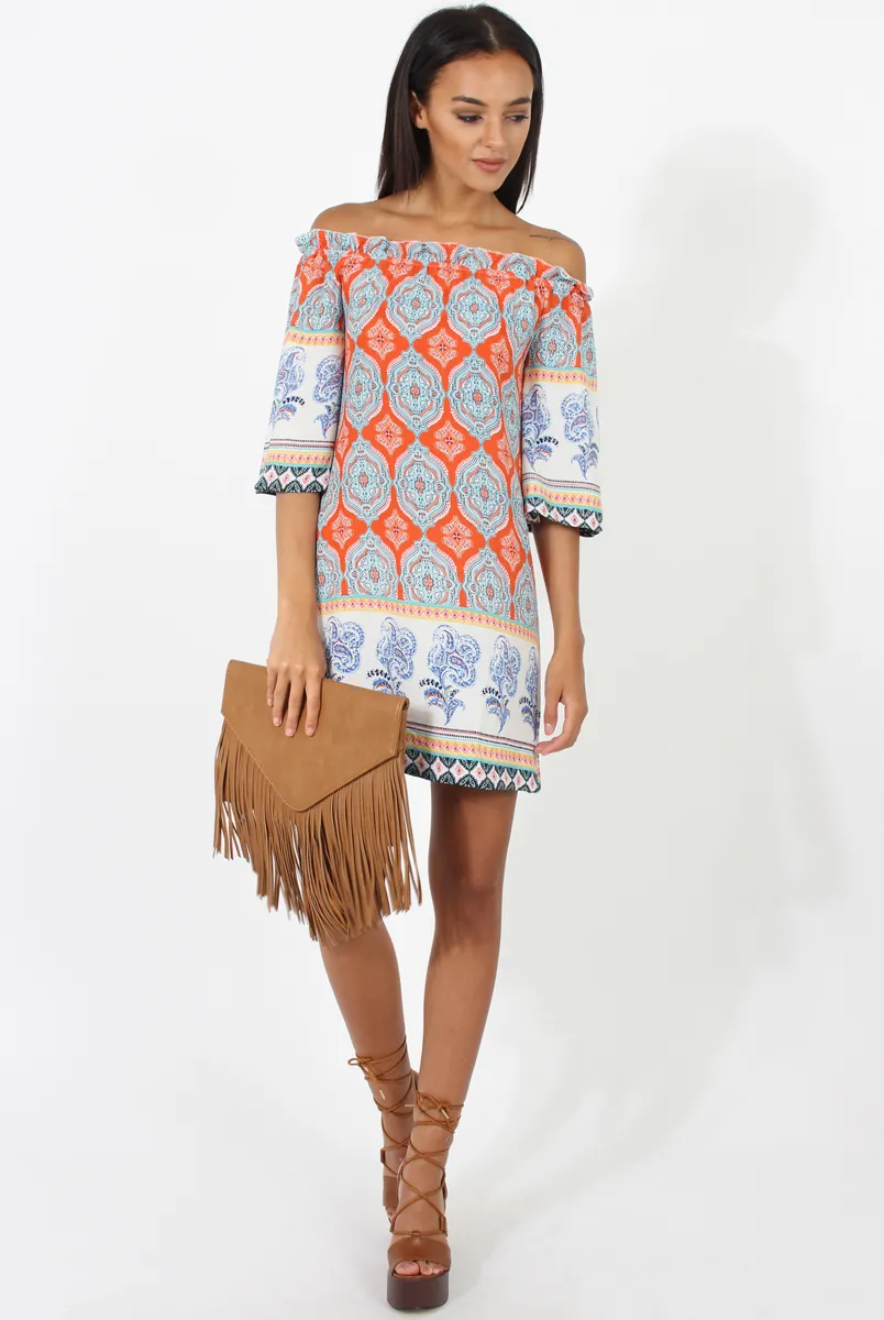 Orange Paisley Print Bardot Frill Trim Dress - Tanya
