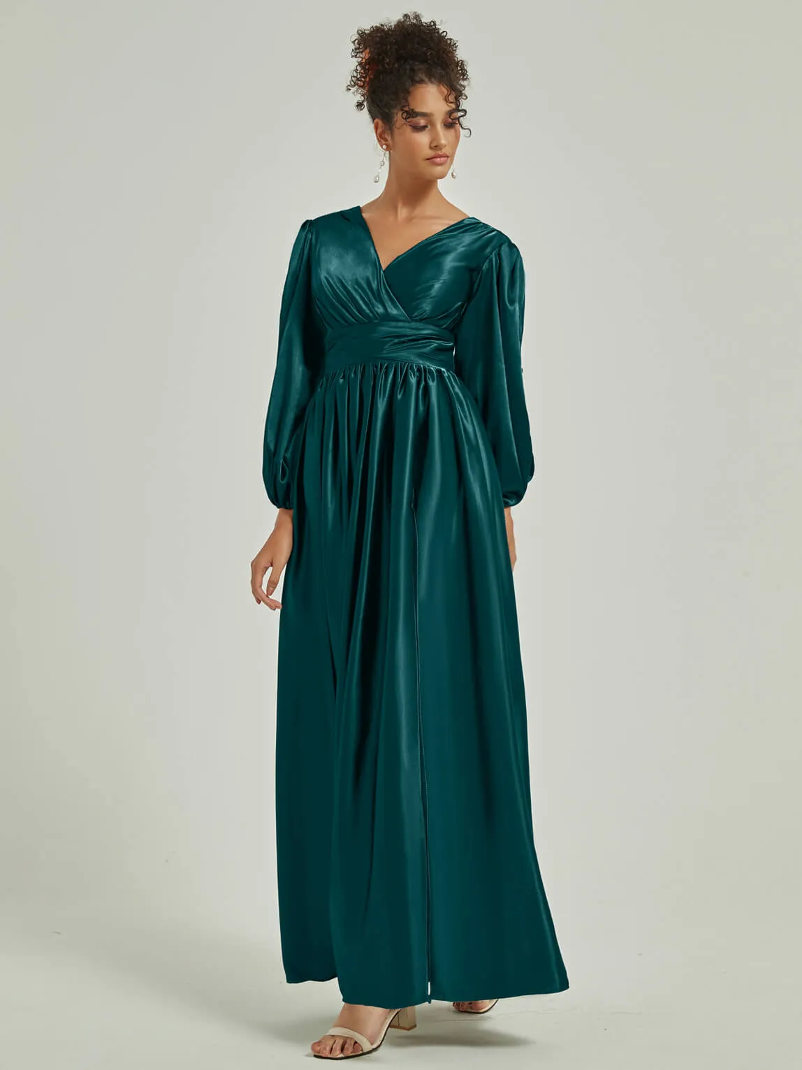Peacock Satin 3/4 Long Slit Sleeve V-Neck Slit Pleated Bridesmaid Dress