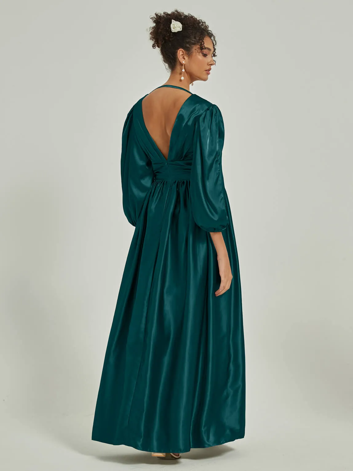 Peacock Satin 3/4 Long Slit Sleeve V-Neck Slit Pleated Bridesmaid Dress