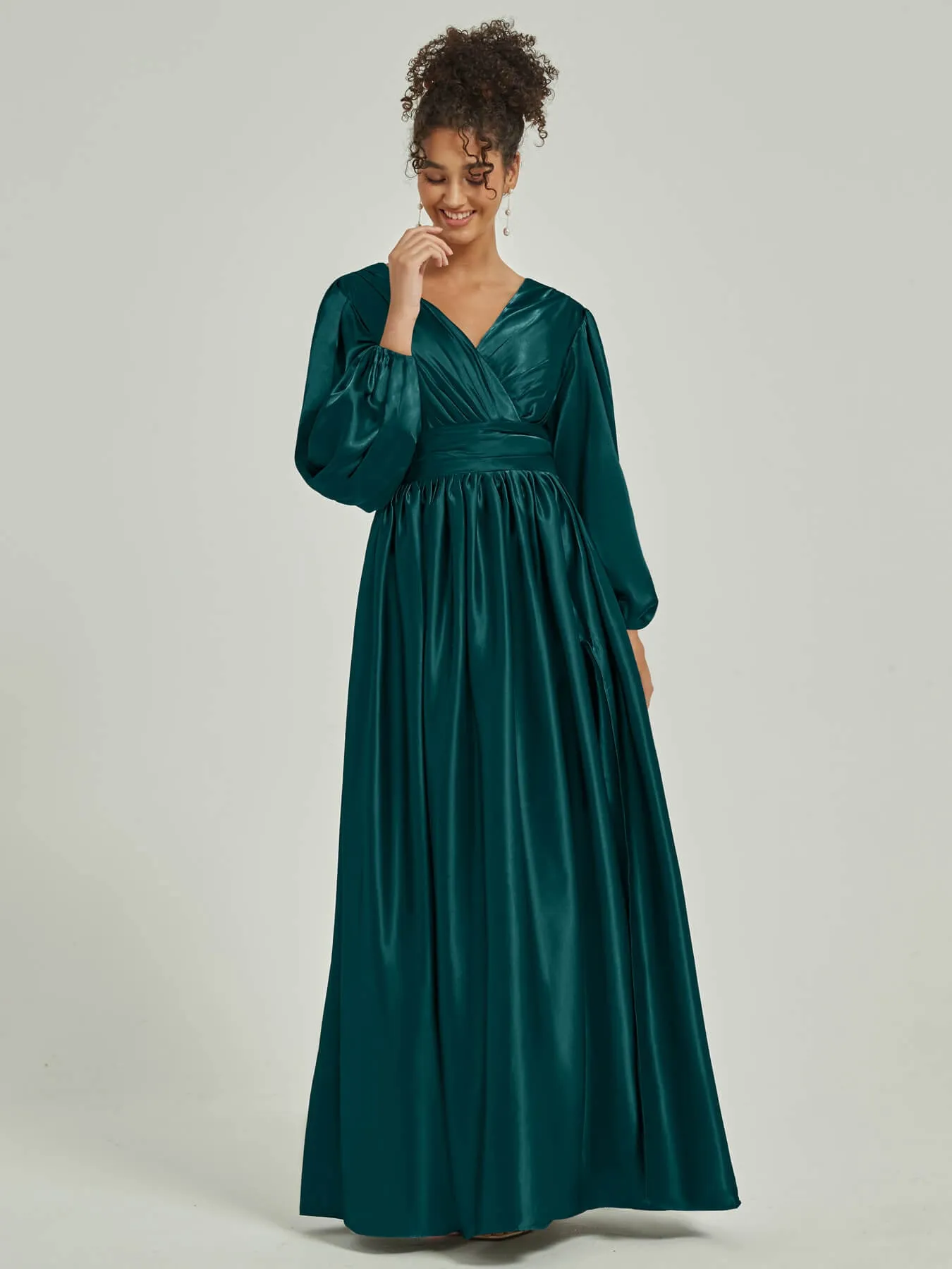 Peacock Satin 3/4 Long Slit Sleeve V-Neck Slit Pleated Bridesmaid Dress