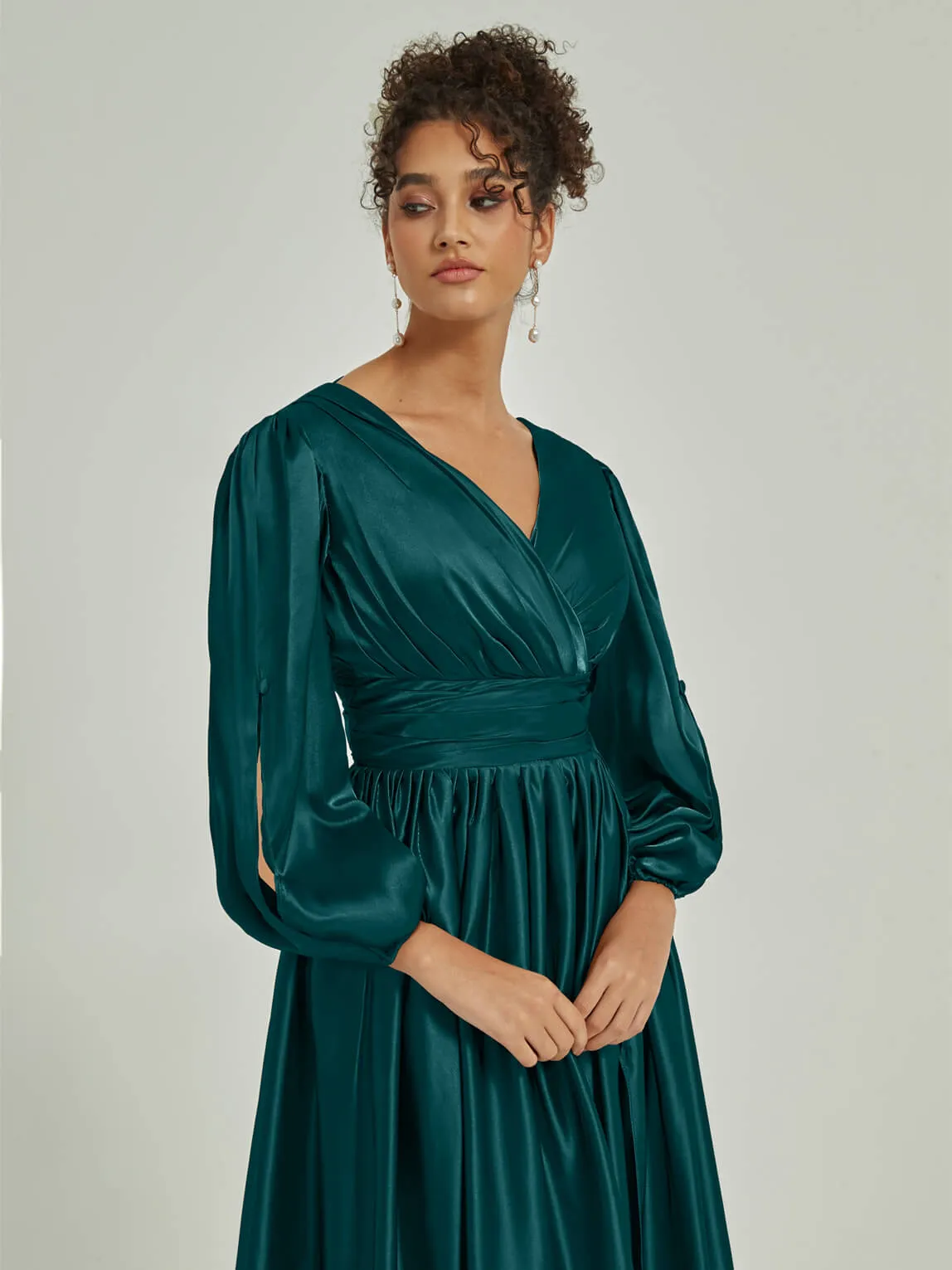 Peacock Satin 3/4 Long Slit Sleeve V-Neck Slit Pleated Bridesmaid Dress