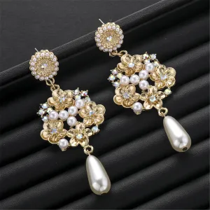 Pearl & Cubic Zirconia 18K Gold-Plated Flower Drop Earrings