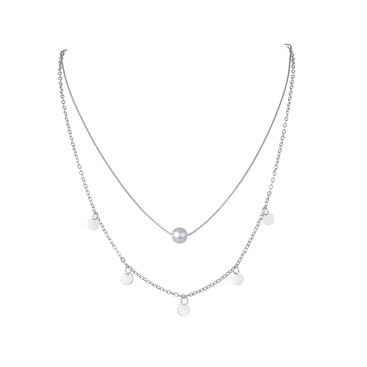 Pearl & Silver-Plated Sequin-Pendant Layered Necklace