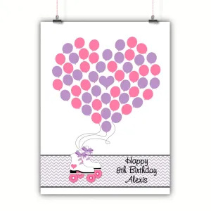 Personalized Birthday Guest Book Alternative - Roller Skate With Bows Balloons - Customized Poster, Print, Framed or Canvas, 50 Signatures